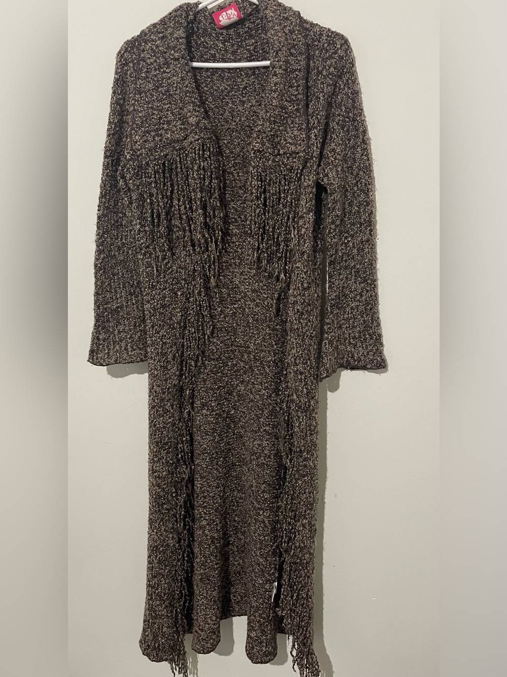 Fringed Knit Long Cardigan in Dark Brown